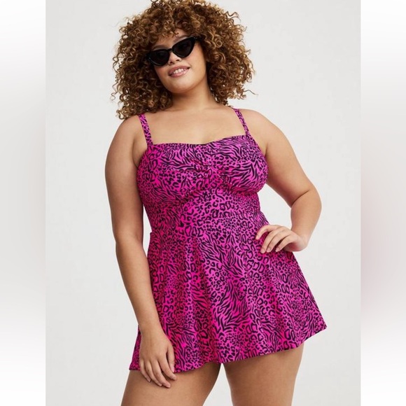 Torrid Strapless Bandeau Swim Dress Wild Leopard Pink Glo plus size 5 - Picture 2 of 14